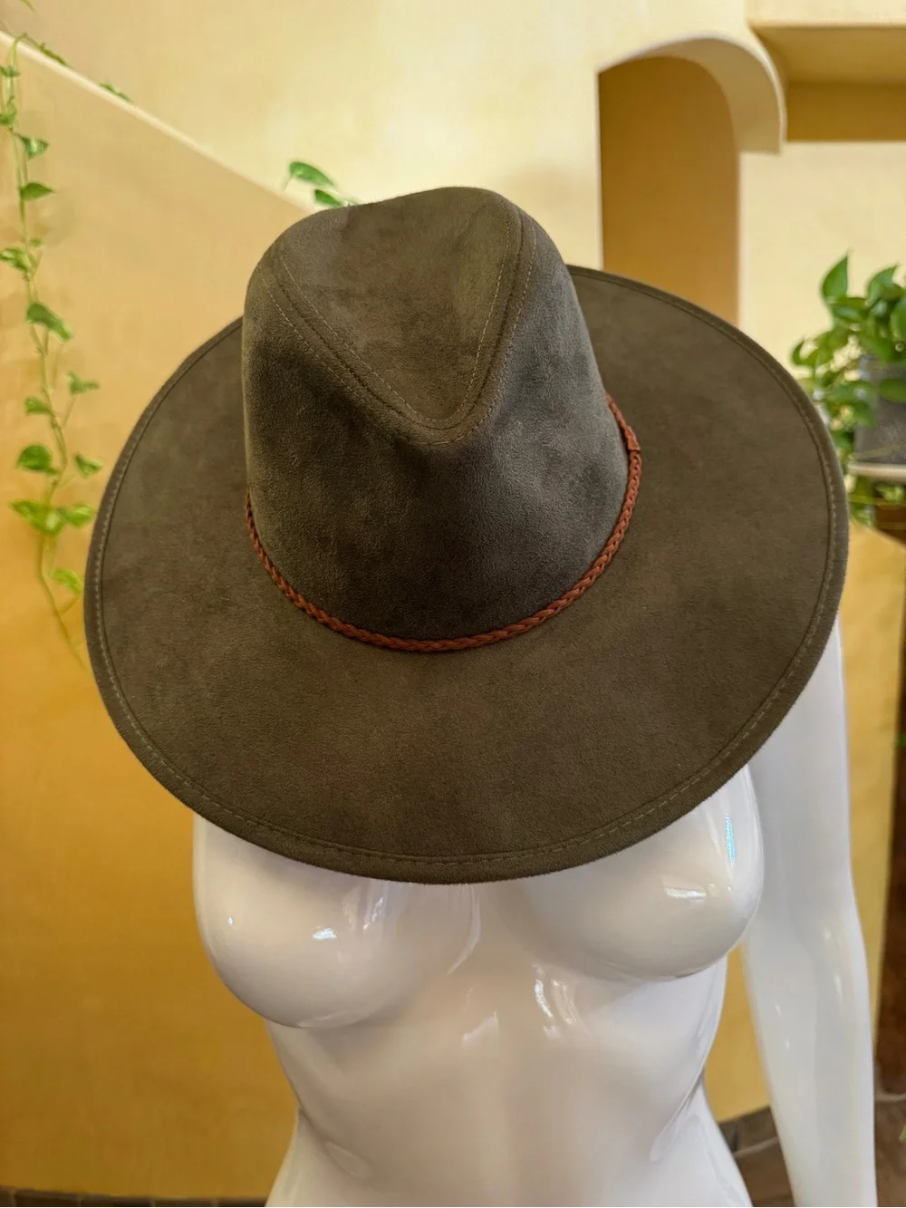 Wide Brim Suede-look Fedora with Braided Trim - Olive Green